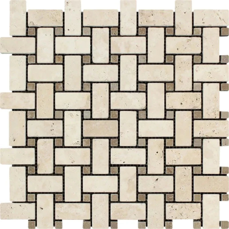 Ivory Travertine Basketweave with Noce Dots Tumbled Mosaic Tile