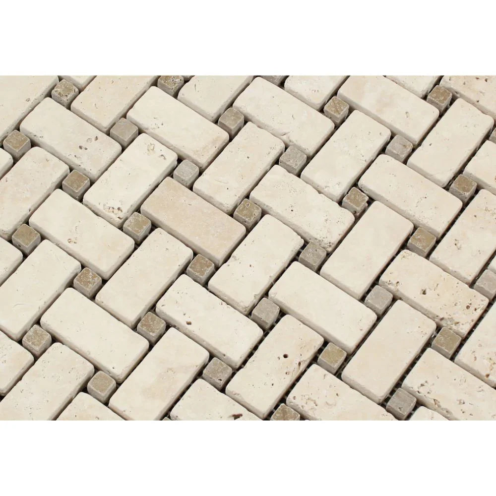 Ivory Travertine Basketweave with Noce Dots Tumbled Mosaic Tile