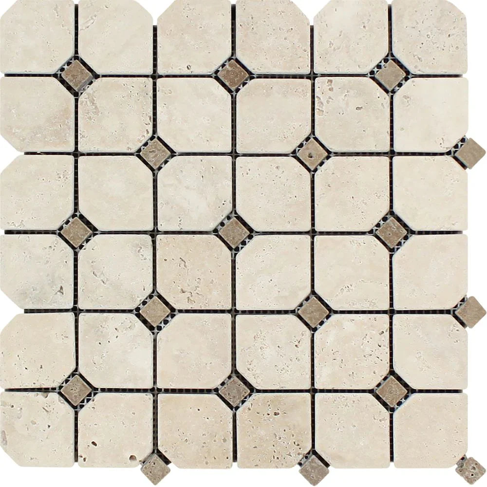 Ivory Travertine Octagon Tumbled Mosaic Tile w/ Noce Dots