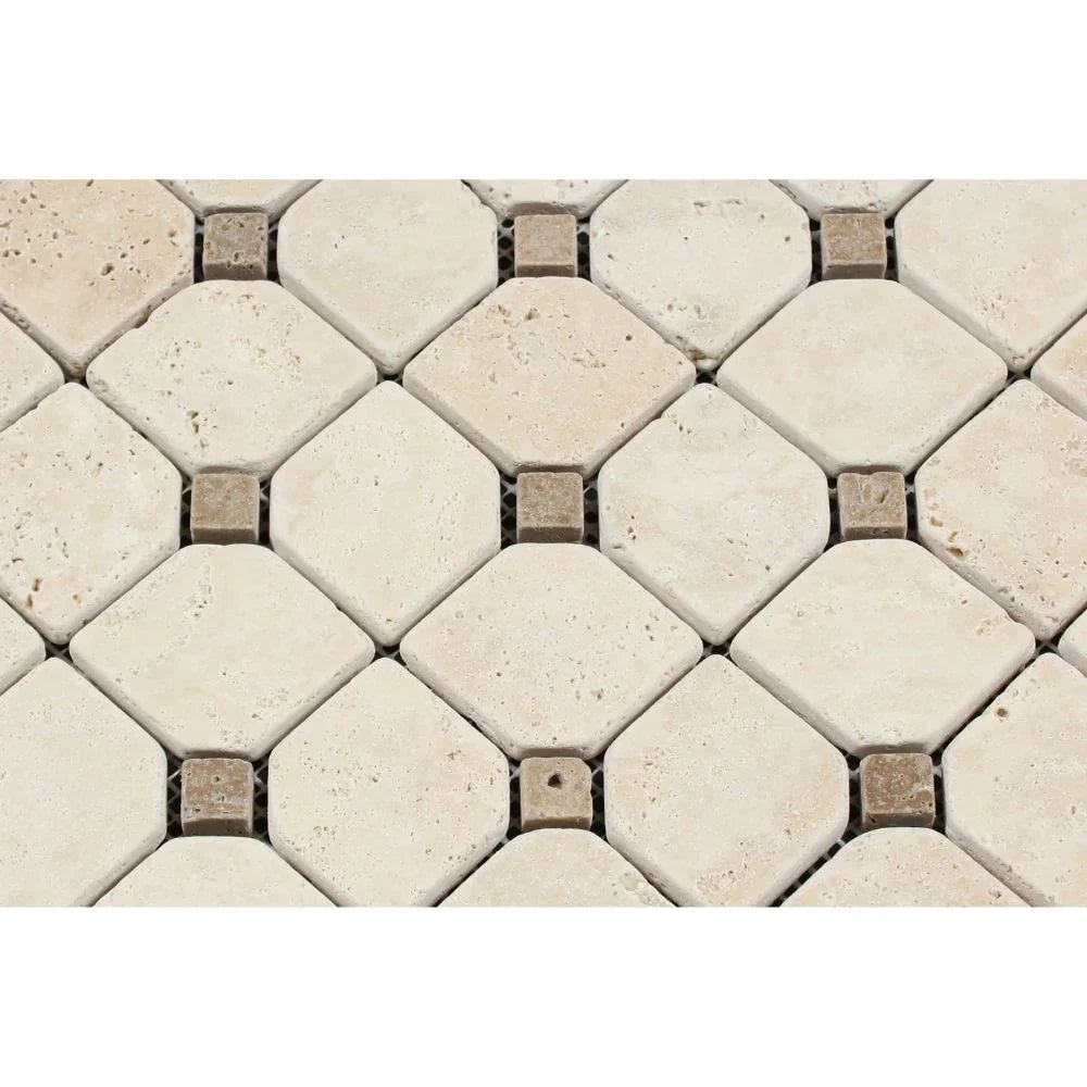 Ivory Travertine Octagon Tumbled Mosaic Tile w/ Noce Dots