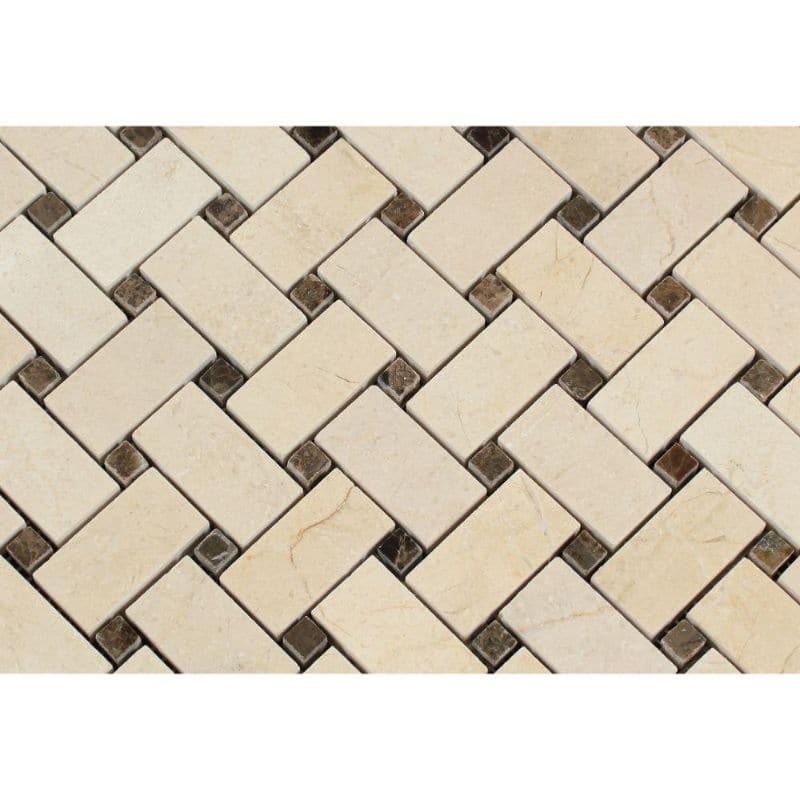 Crema Marfil Marble Basketweave w/ Emp Dots Polished Mosaic Tile