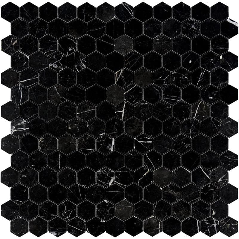 Nero Marquina Marble 2x2 Hexagon Honed Mosaic Tile
