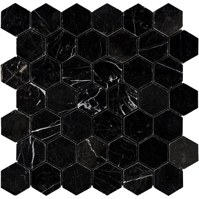 Nero Marquina Marble 2x2 Hexagon Honed Mosaic Tile