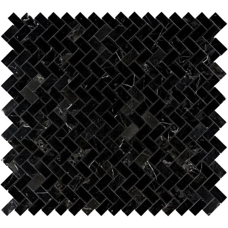 Nero Marquina Marble 1x2 Herringbone Polished Mosaic Tile