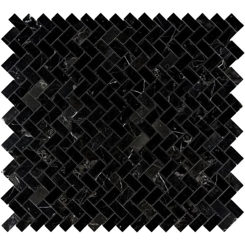 Nero Marquina Marble 1x2 Herringbone Honed Mosaic Tile