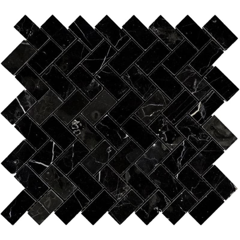 Nero Marquina Marble 1x2 Herringbone Polished Mosaic Tile