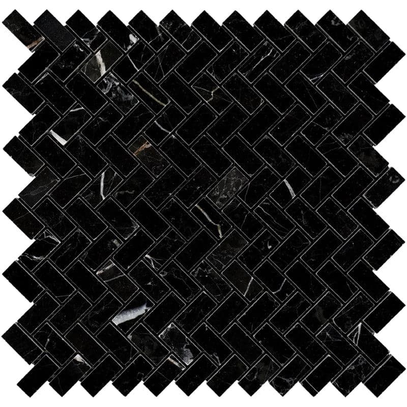 Nero Marquina Marble 5/8x1 1/4 Mini Herringbone Polished Mosaic Tile