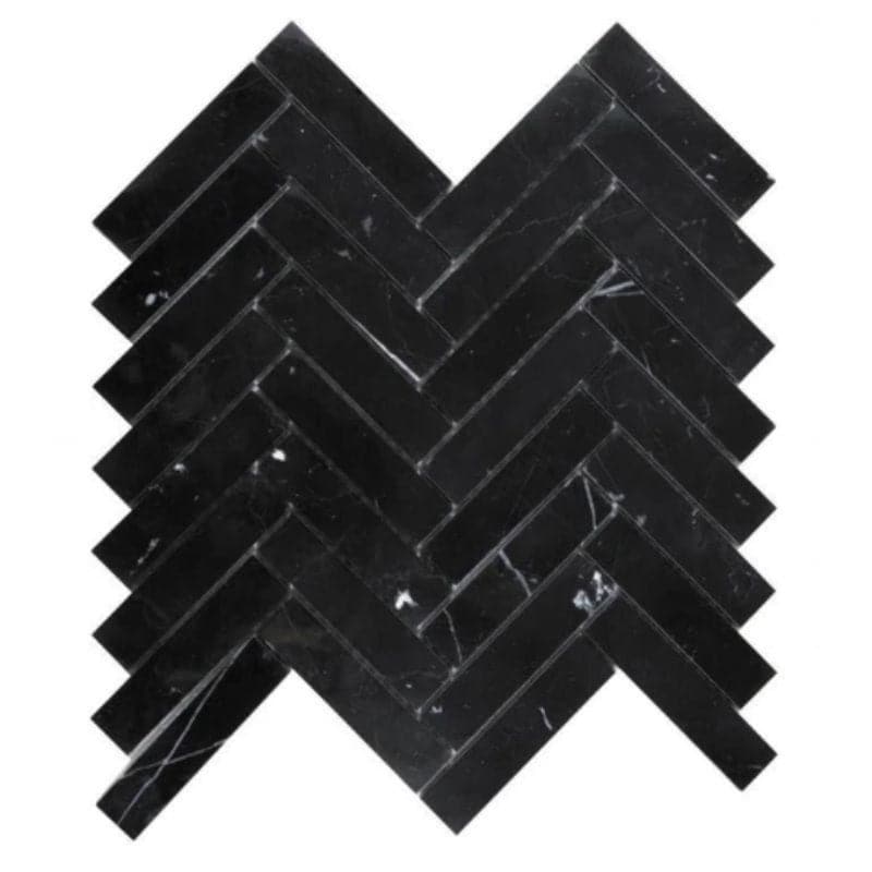 Nero Marquina Marble 1x4 Herringbone Polished Mosaic Tile