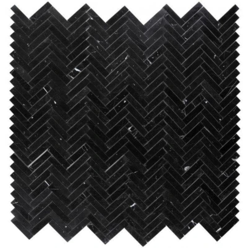 Nero Marquina Marble 1x4 Herringbone Honed Mosaic Tile
