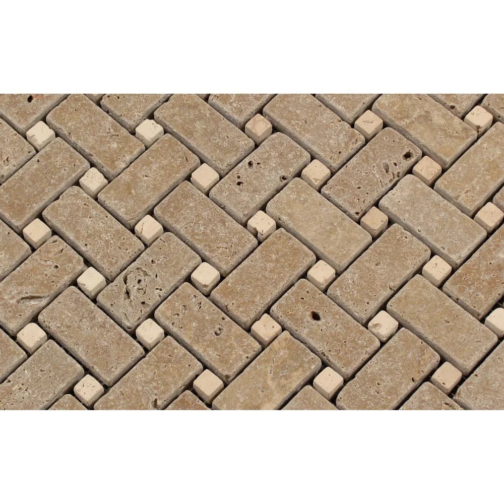 Noce Travertine Tumbled Basketweave w/ Ivory Dots Mosaic Tile