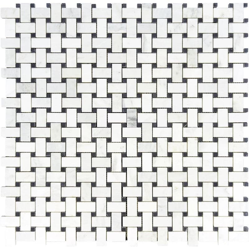 Asian Statuary (Oriental White) Basketweave w/Blue Dots Polished Mosaic Tile