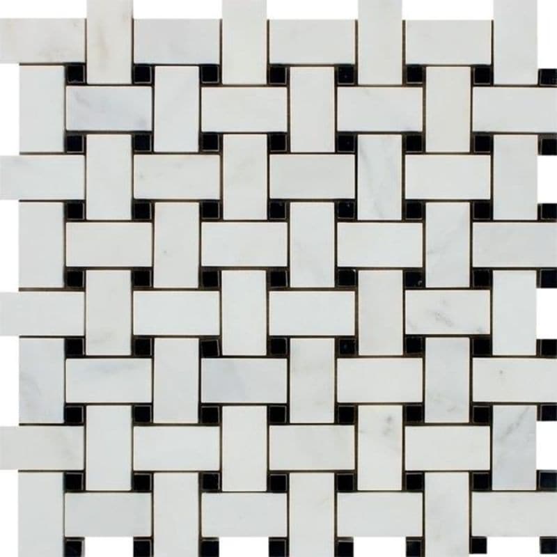 Asian Statuary (Oriental White) Marble Honed Basketweave with Black Dots Mosaic Tile