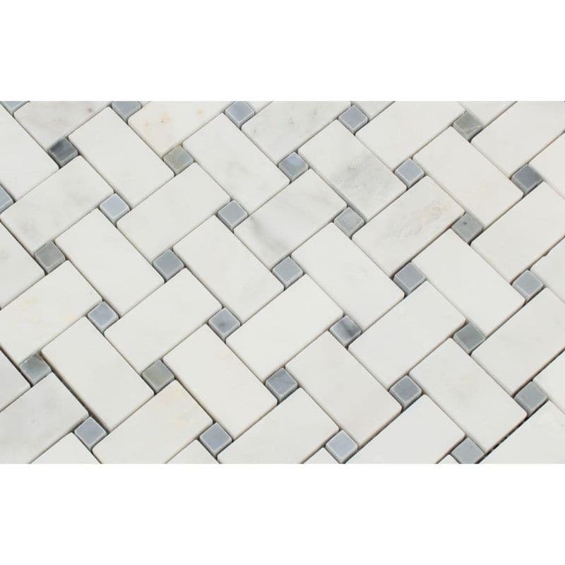 Asian Statuary (Oriental White) Marble Polished Basketweave with Blue Dots Mosaic Tile