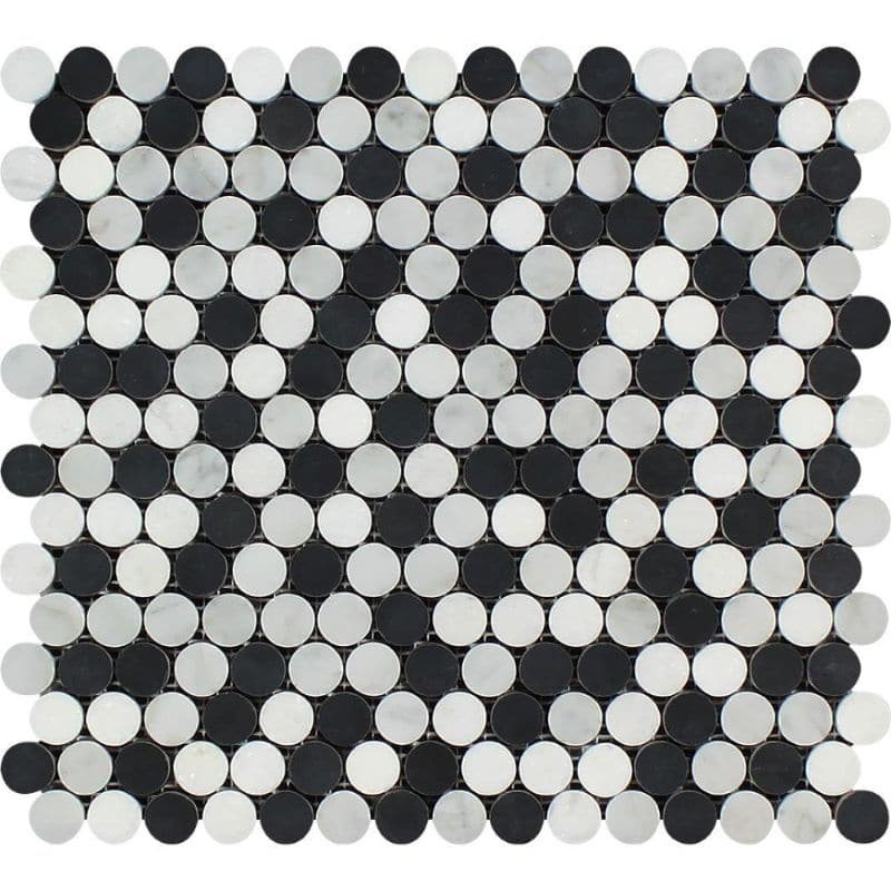 White Carrara Thassos Black Marble Penny Round Polished Mosaic Tile