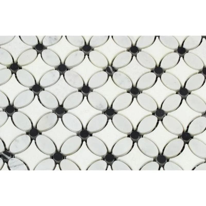 Thassos White Marble Florida Flower Polished Mosaic Tile w/Black Dots