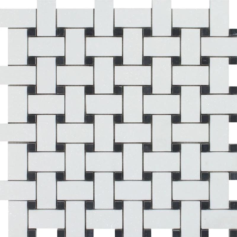 Thassos White Marble Polished Basketweave with Black Dots Mosaic Tile