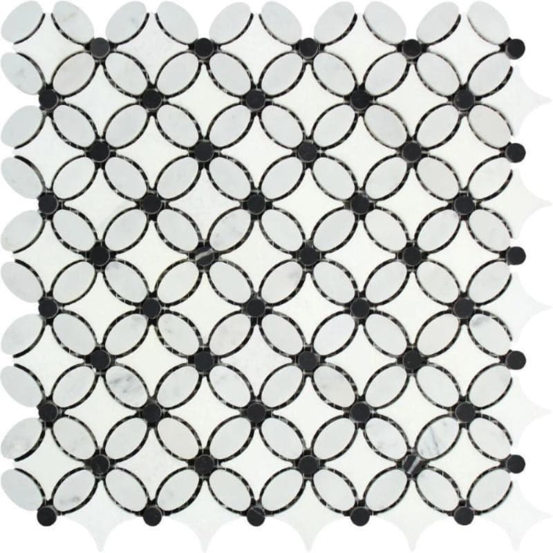 Thassos White Marble Florida Flower Polished Mosaic Tile w/Black Dots