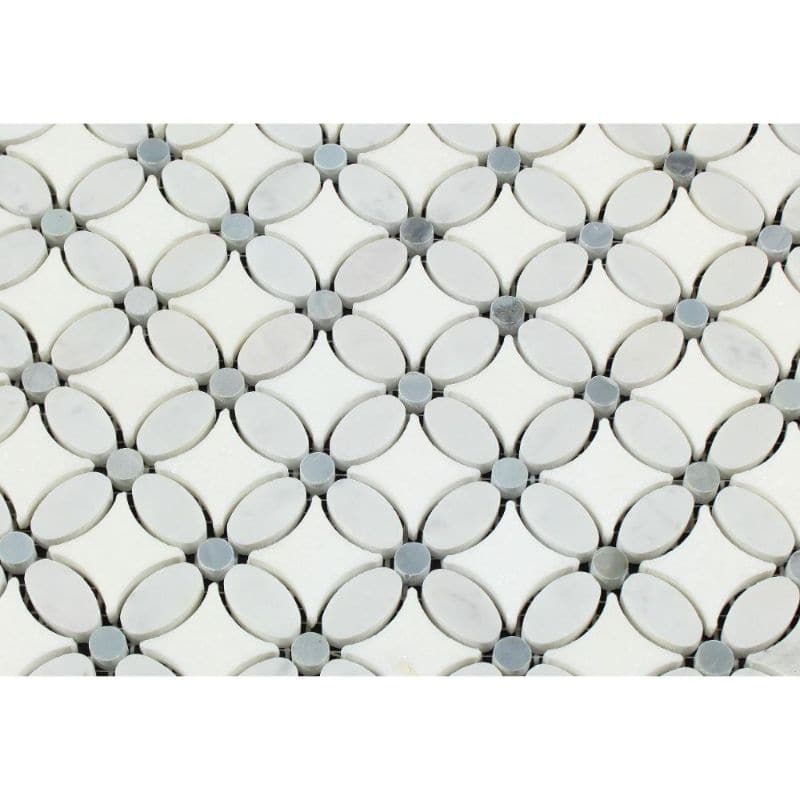 Thassos White Marble Florida Flower Polished Mosaic Tile w/Blue Dots