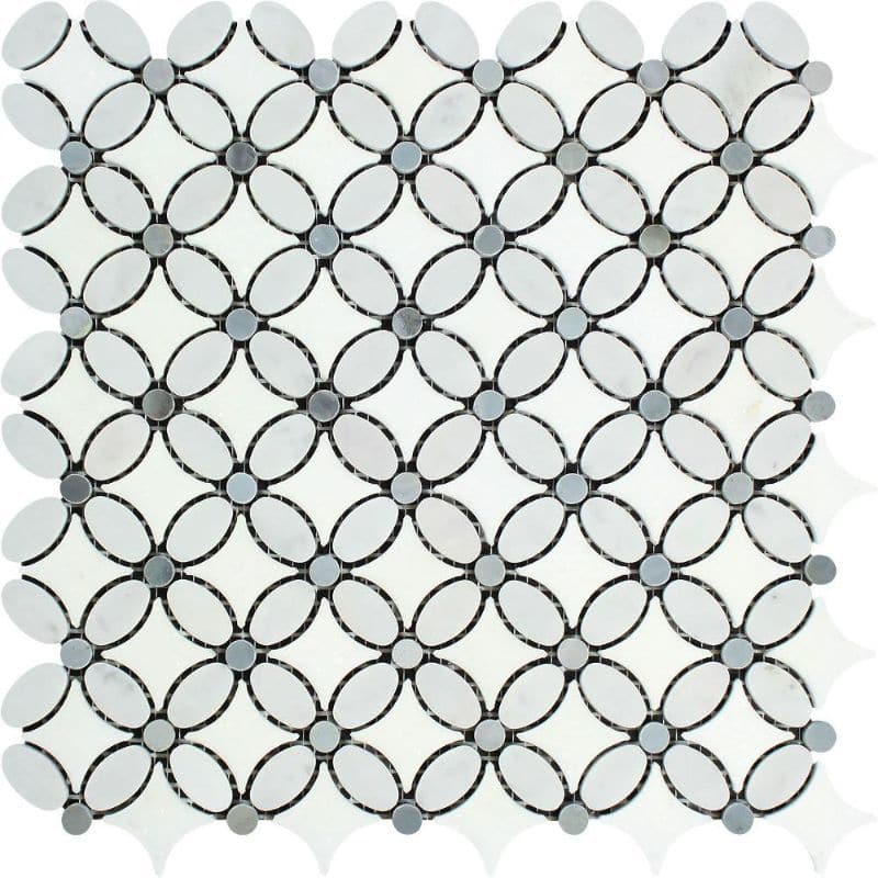Thassos White Marble Florida Flower Polished Mosaic Tile w/Blue Dots
