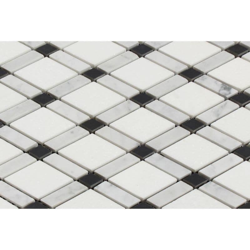 Thassos White Carrara Black Marble Lattice Honed Mosaic Tile