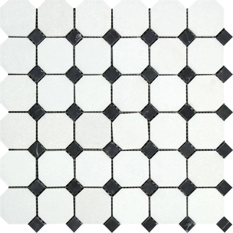 Thassos White Marble Octagon with Black Dots Polished Mosaic Tile