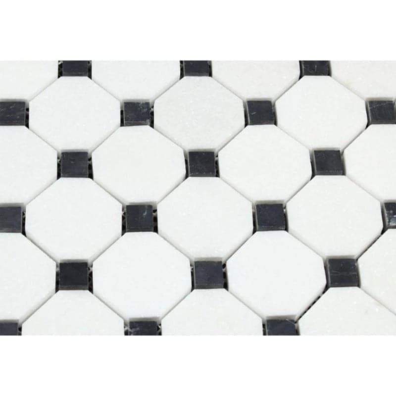 Thassos White Marble Octagon with Black Dots Polished Mosaic Tile