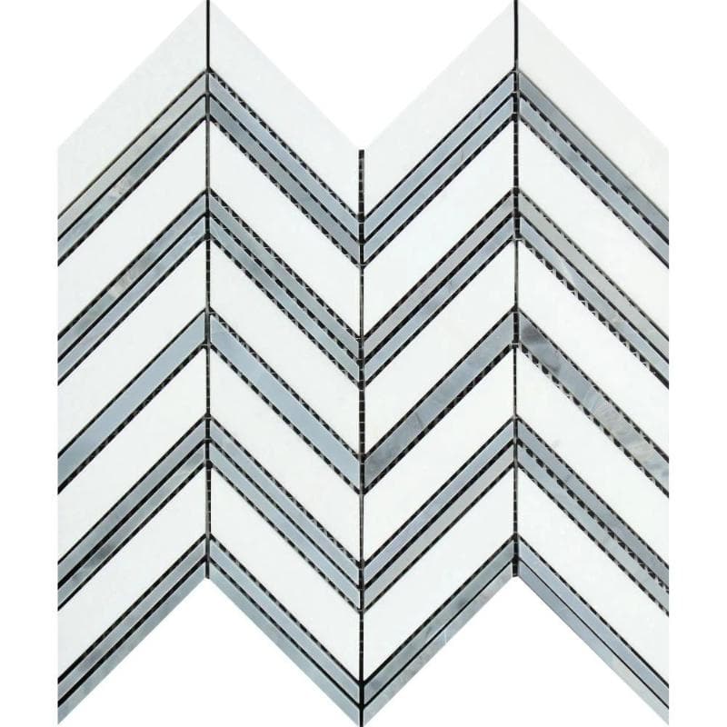 Thassos White Marble Chevron with Blue Strips Polished Mosaic Tile
