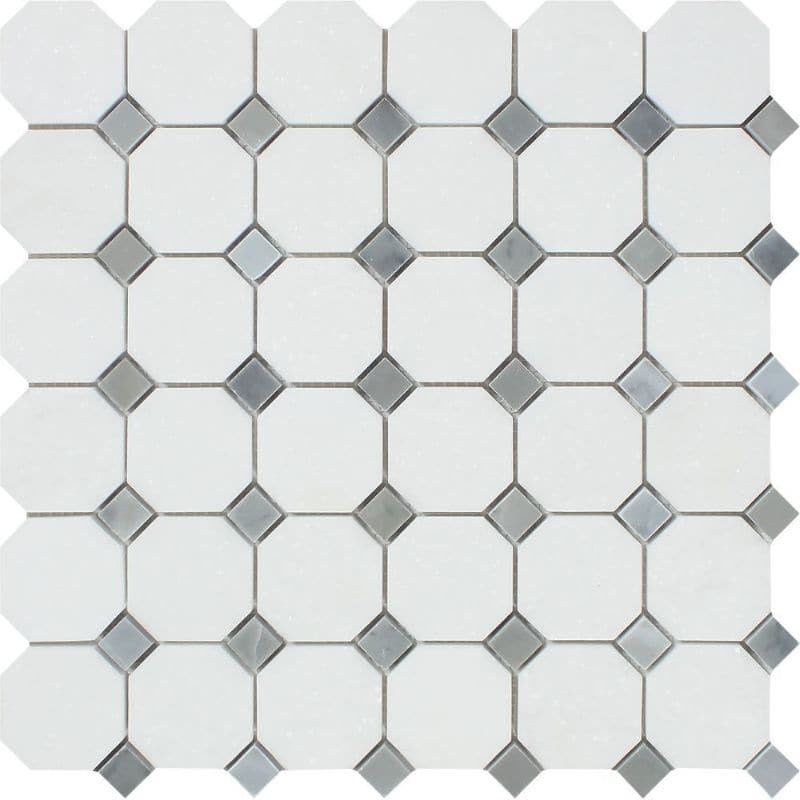 Thassos White Marble Octagon with Blue Dots Honed Mosaic Tile