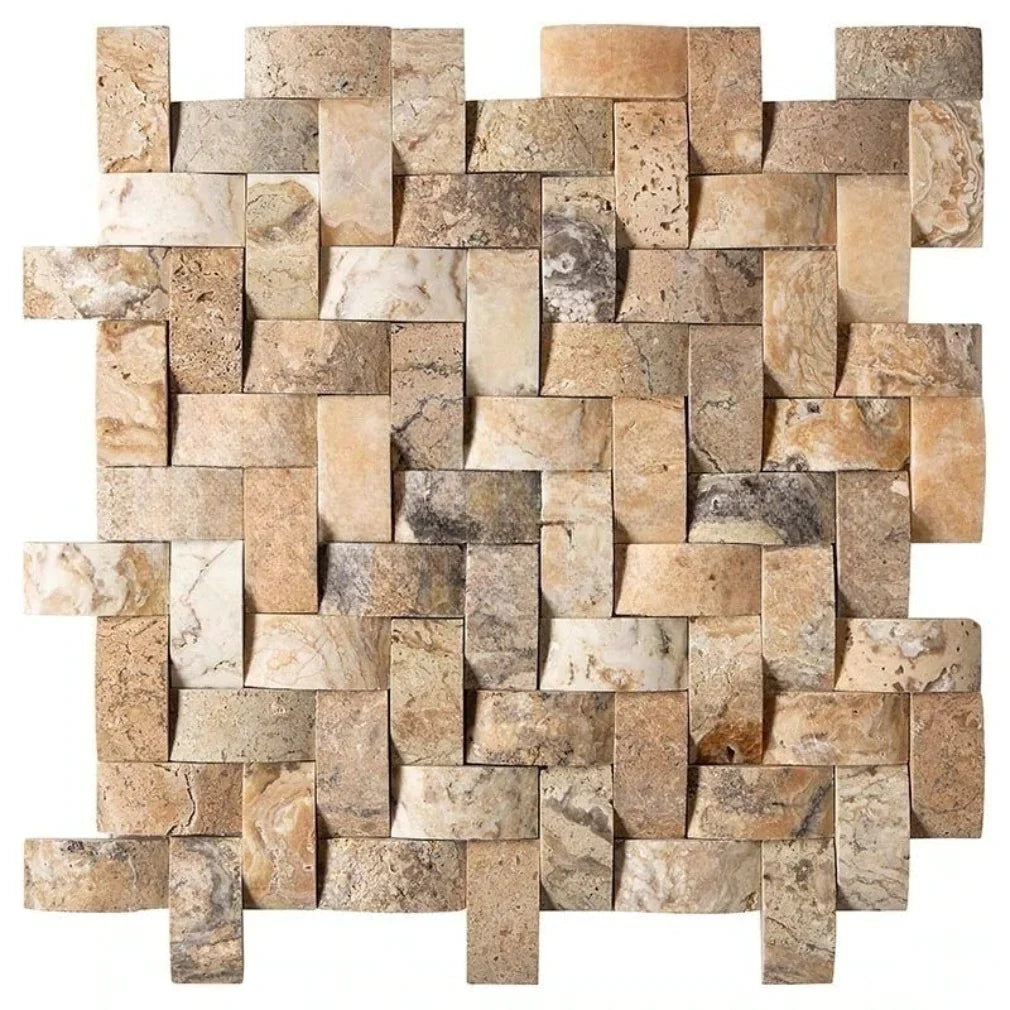 Antico Onyx Travertine 1x2 Round-Faced (Arched/Wavy) Herringbone Mosaic Tile