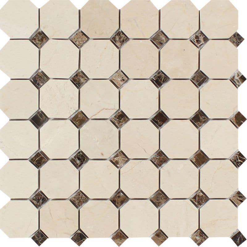 Crema Marfil Marble Octagon with Brown Dots Polished Mosaic Tile