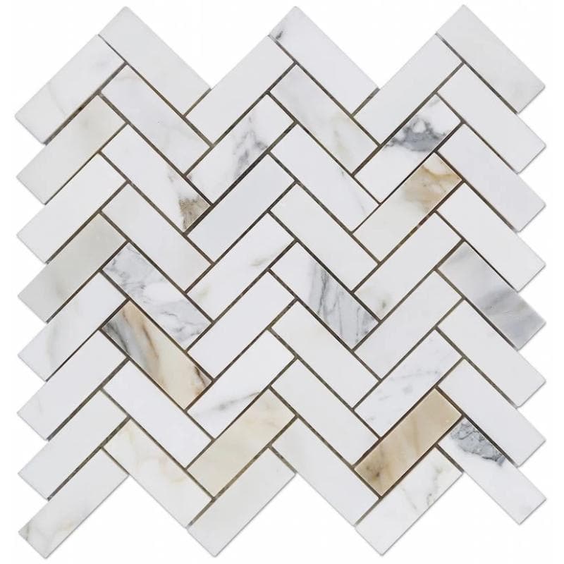 Calacatta Gold Marble 1x4 Herringbone Polished Mosaic Tile