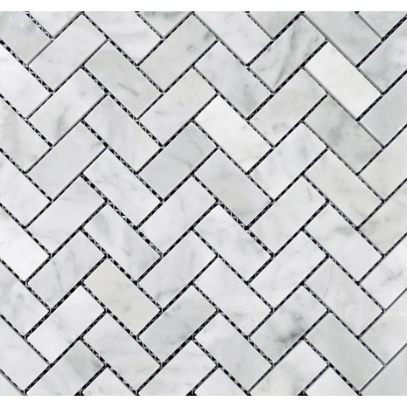 White Carrara Marble 1x2 Herringbone Polished Mosaic Tile