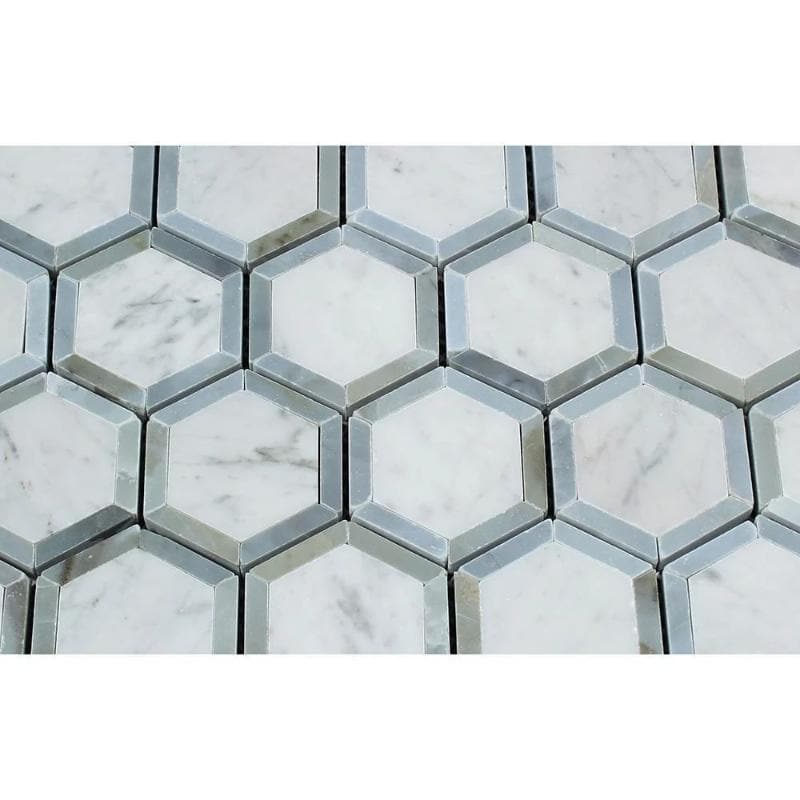 White Carrara Marble 2x2 Hexagon with Blue Honed Mosaic Tile
