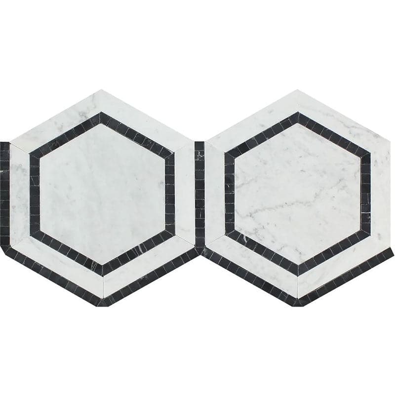 White Carrara Marble 5x5 Hexagon with Black Polished Mosaic Tile