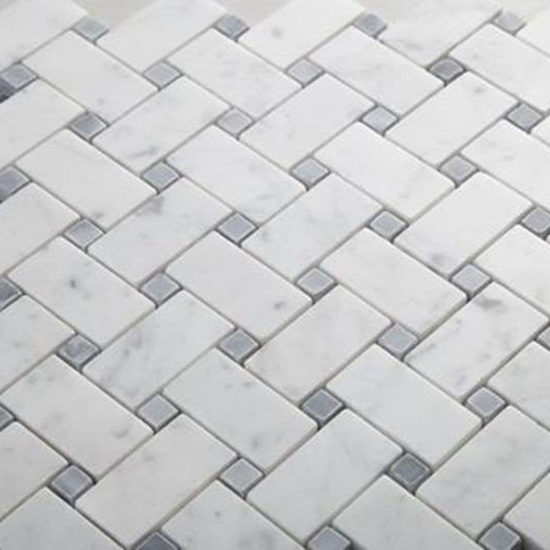 White Carrara Marble Honed Basketweave w/Gray Dots Mosaic Tile