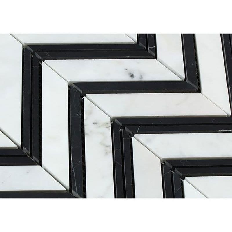 White Carrara Marble Chevron with Black Strips Honed Mosaic Tile