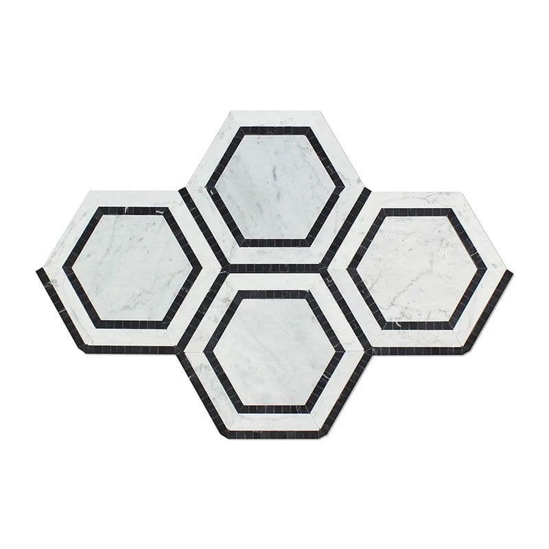 White Carrara Marble 5x5 Hexagon with Black Honed Mosaic Tile