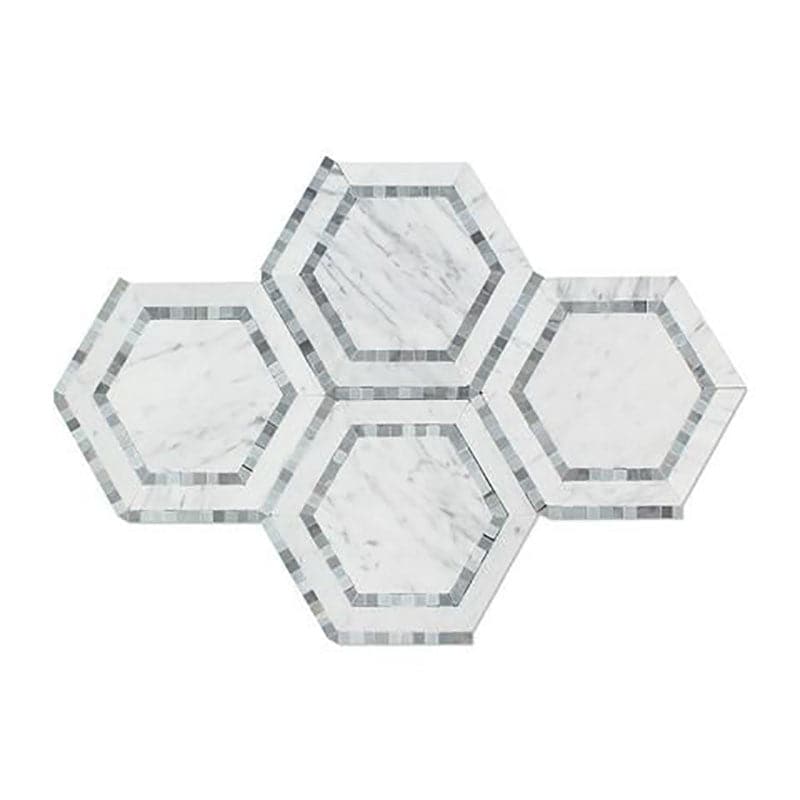 White Carrara Marble 5x5 Hexagon with Blue Polished Mosaic Tile