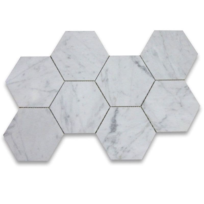 White Carrara Marble 5x5 Hexagon Honed Mosaic Tile