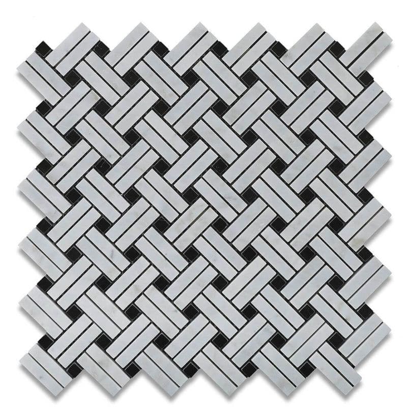 White Carrara Marble Stanza Black Dot Polished Mosaic Tile