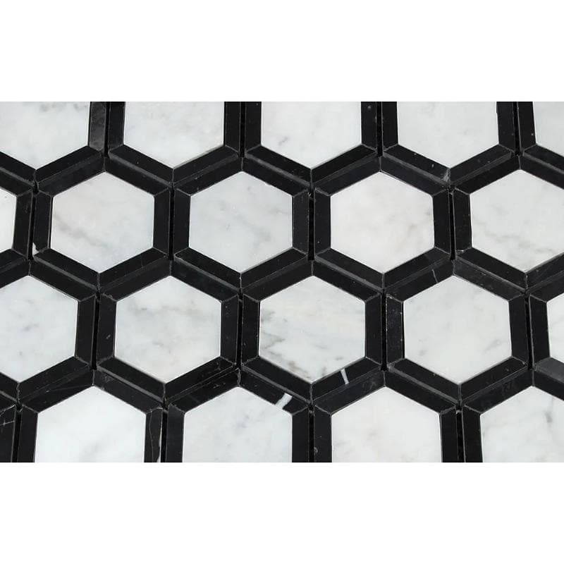 White Carrara Marble 2x2 Hexagon with Black Honed Mosaic Tile