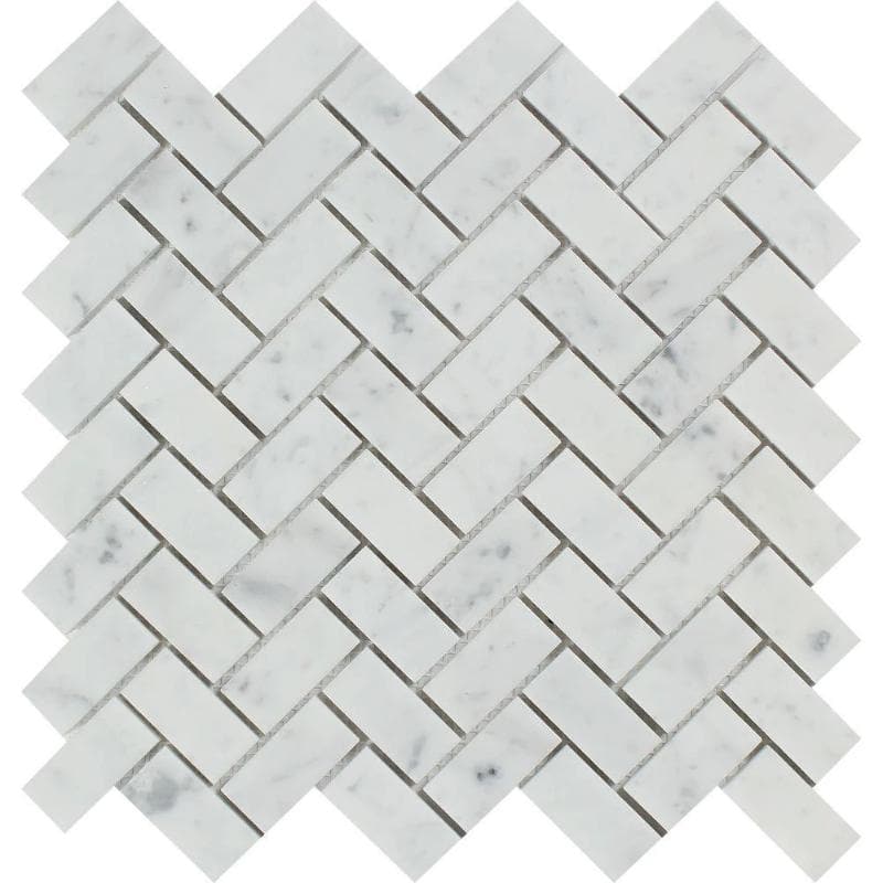 White Carrara Marble 1x2 Herringbone Honed Mosaic Tile