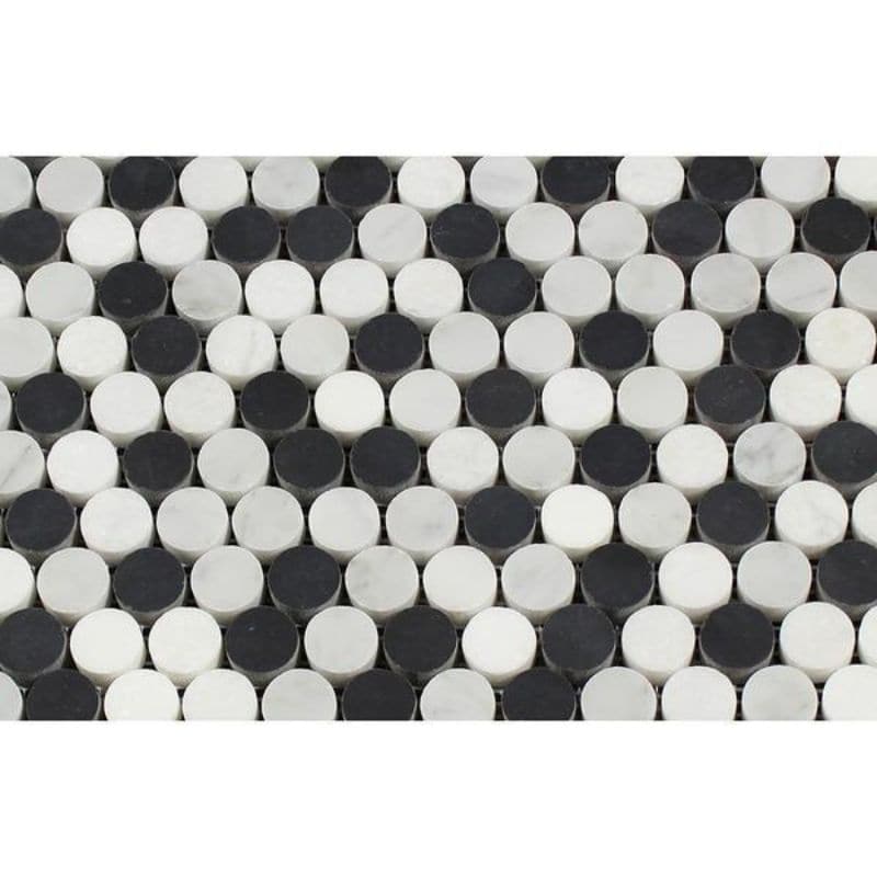 White Carrara Thassos Black Marble Penny Round Polished Mosaic Tile
