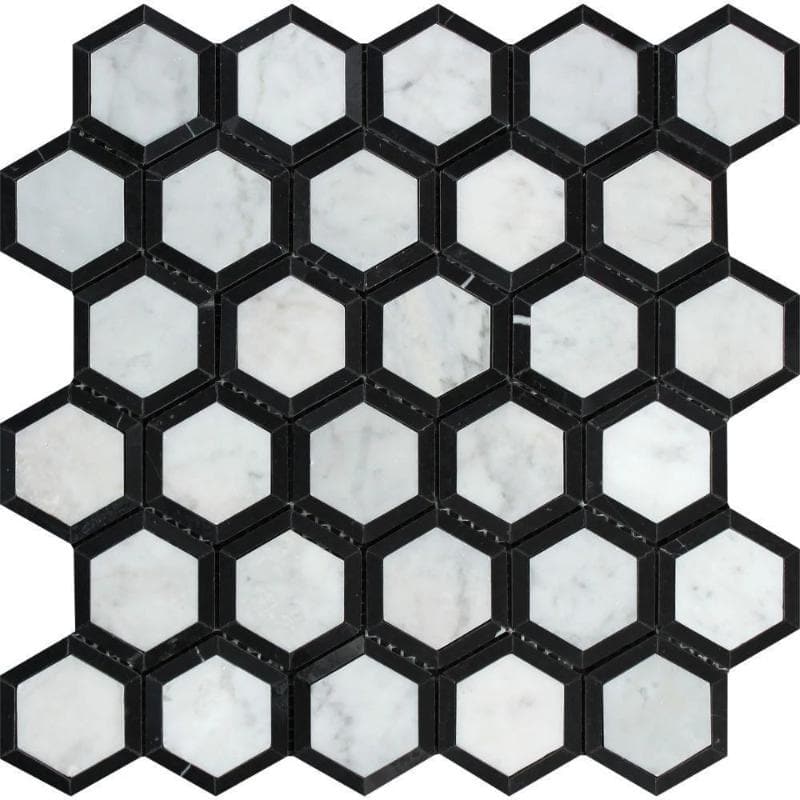 White Carrara Marble 2x2 Hexagon with Black Honed Mosaic Tile