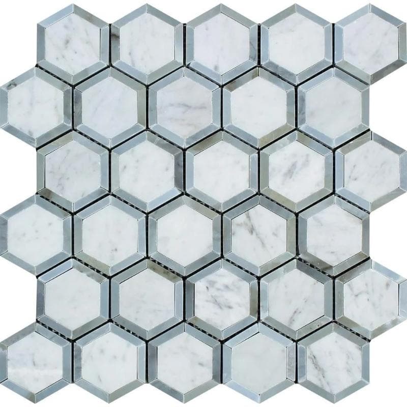 White Carrara Marble 2x2 Hexagon with Blue Honed Mosaic Tile