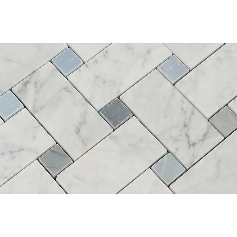 White Carrara Marble Large Basketweave with Blue Dots Polished Mosaic Tile