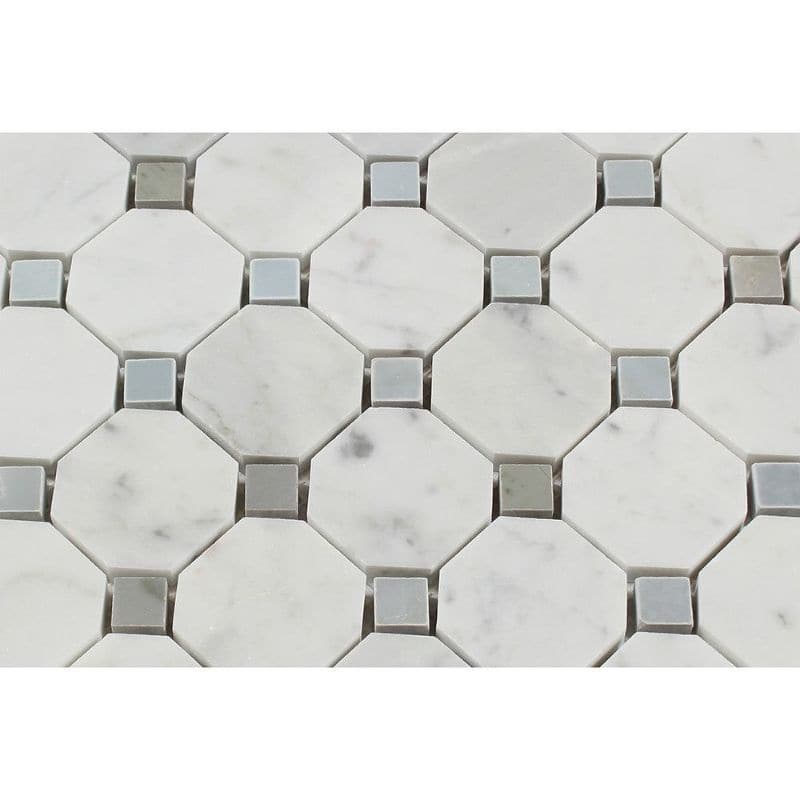 White Carrara Marble Octagon with Blue Dots Polished Mosaic Tile