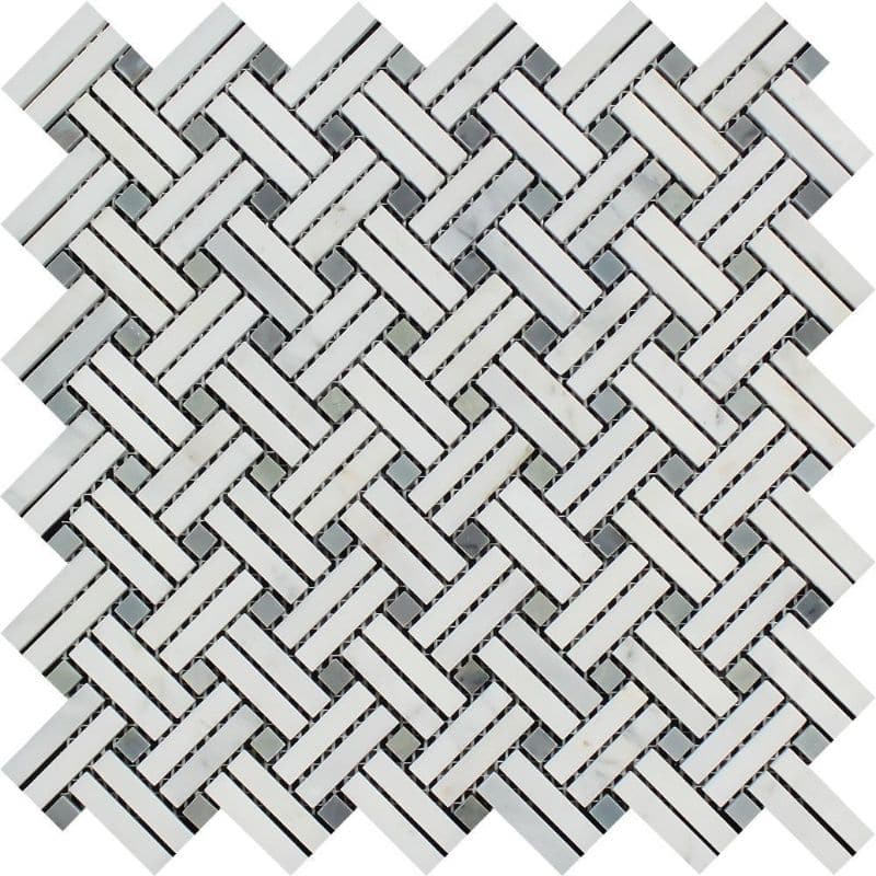 White Carrara Marble Stanza Blue Dot Polished Mosaic Tile