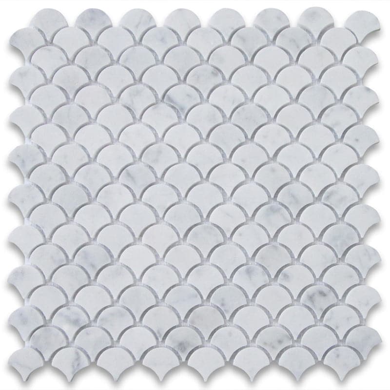 White Carrara Marble Fish Design (Fan Shape) Polished Mosaic Tile