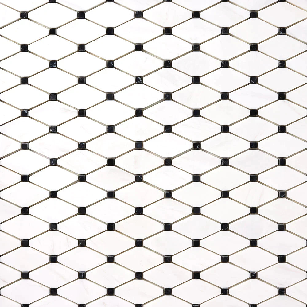 Bianco Dolomite Marble Octave with Black Dots Honed Mosaic Tile